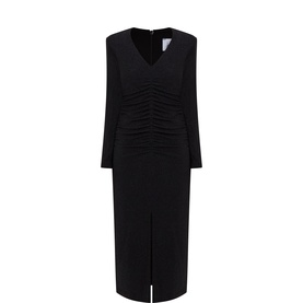 Joseph Ribkoff black midi dress with V-neckline, ruched front bodice, long sleeves and front slit hem
