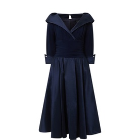 Joseph Ribkoff dark blue midi dress with wide portrait collar, ruched bodice, three-quarter sleeves with button cuffs, and full A-line skirt