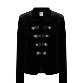 Black velvet military-style blazer with double-breasted gold-tone button fastenings and notched lapel collar