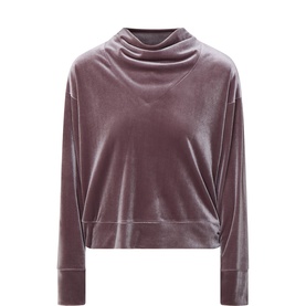 Joseph Ribkoff taupe velvet cowl-neck sweatshirt top with long sleeves and relaxed cropped silhouette