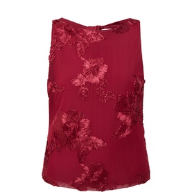 Joseph Ribkoff dark red sleeveless top with tonal floral sequin and embroidered detail, relaxed fit, crew neckline