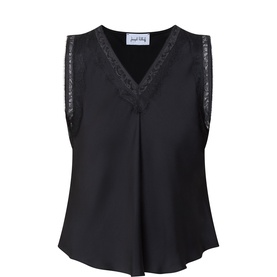 Joseph Ribkoff black sleeveless top with V-neckline and lace trim shoulder detail, relaxed fit in 100% polyester