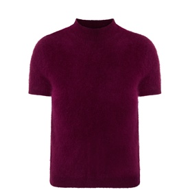 Joseph Ribkoff purple 100% wool boucle-texture mock-neck short-sleeve knit top, flat lay