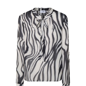 Joseph Ribkoff ivory zebra-print top with long sleeves, tie neck detail, and semi-sheer finish