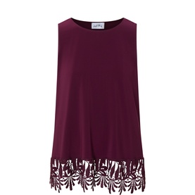 Joseph Ribkoff purple sleeveless top with floral laser-cut lace hem detail, relaxed A-line fit