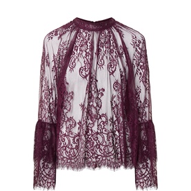 Joseph Ribkoff purple lace top with high neck, flared bell sleeves, and scalloped hem detailing, 100% nylon