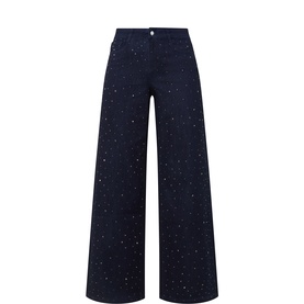 Joseph Ribkoff dark blue wide-leg trousers with multicolour crystal embellishments, high waist, single button fastening