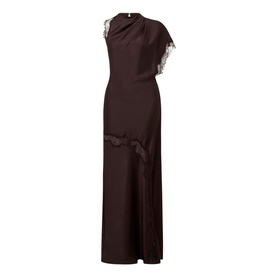 Forever New Dark Chocolate satin maxi dress with lace trim detail, one-shoulder neckline, and fluted hem