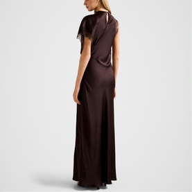 Model wearing Forever New Dark Chocolate satin maxi dress with flutter sleeves, cowl back neckline, and side split, shown from behind.