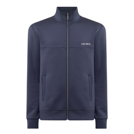 Les Deux India Ink Blue casual zip-up jacket with funnel neck, chest logo, and side pockets
