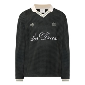 Les Deux rosin green cotton sweatshirt with cream V-neck collar, waffle texture, and embroidered script logo to chest