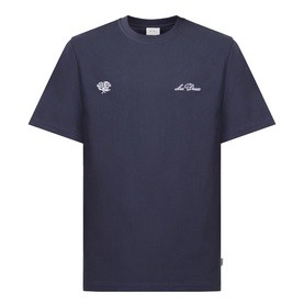Les Deux India Ink Blue cotton T-shirt with embroidered rose and script logo on chest, crew neck, short sleeves