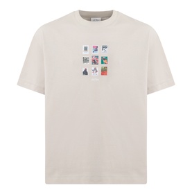 Les Deux light sand cotton T-shirt with multicoloured stamp graphic print on chest, crew neck and short sleeves