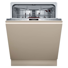 Neff N70 Built-In Dishwasher 60cm with Variable Hinge, fully integrated with tan door panel, open showing loaded cutlery basket