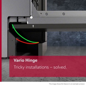 Neff N70 Built-In Dishwasher Vario Hinge feature close-up, showing flexible door arc with green and red cable detail on grey background.