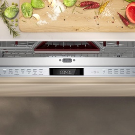 Neff N70 Built-In Dishwasher 60cm with Variable Hinge, shown integrated under worktop with digital display panel and stainless controls