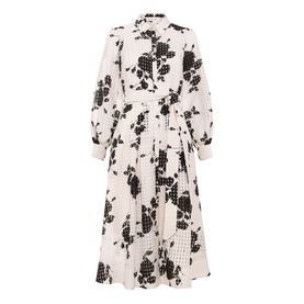 Phase Eight white midi dress with black floral and grid print, long sleeves, shirt collar, and pleated skirt
