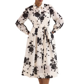 Phase Eight white midi shirt dress with black floral and grid print, long sleeves, collared neckline and self-tie waist belt