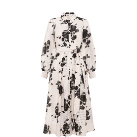 Phase Eight white midi dress with black floral and grid print, long sleeves, shirt collar, and pleated skirt