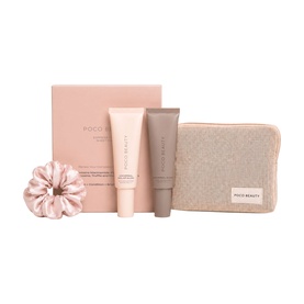 Poco Beauty Summer Glow Edit skincare set with two tubes, pink gift box, beige cosmetic pouch, and pink satin scrunchie