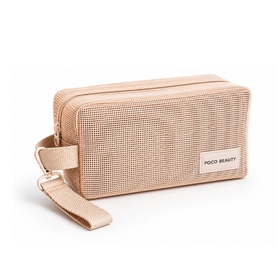 Poco Beauty Summer Glow Edit blush pink textured makeup bag with zip closure and wrist strap, gold-tone hardware