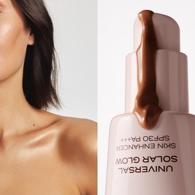 Poco Beauty Summer Glow Edit skincare set featuring Universal Solar Glow Skin Enhancer SPF30 bottle with bronzing serum, shown alongside glowing