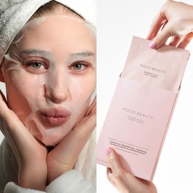 Poco Beauty Summer Glow Edit skincare set, pink packaging, shown with model wearing a sheet face mask