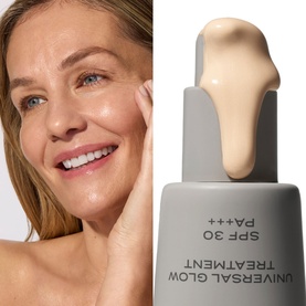 Model with Poco Beauty Summer Glow Edit skincare set; grey bottle of Universal Glow Treatment SPF 30 PA+++ shown alongside