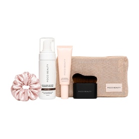 Poco Beauty Summer Tan Edit tanning set with mousse, primer tube, brush, pink scrunchie and branded beige pouch