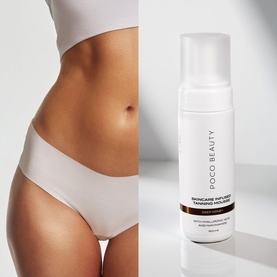 Poco Beauty Summer Tan Edit self-tan foam bottle beside a model showing a sun-kissed tan on torso and hips in nude underwear.