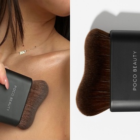 Poco Beauty Summer Tan Edit tanning set with curved body brush shown in use on d&eacute;colletage and as standalone product detail