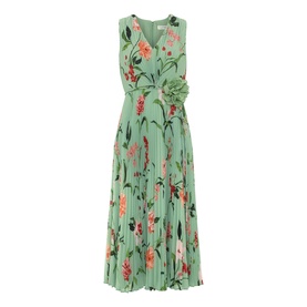 Sage green sleeveless pleated midi dress with floral print and corsage waist detail, V-neckline and full skirt