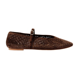 Mint Velvet brown laser-cut suede Mary Jane ballet flat with ankle strap and slim tan sole
