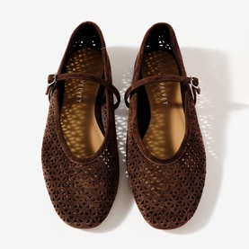 Mint Velvet brown suede laser-cut Mary Jane flats with buckle strap, overhead flat lay view