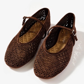 Mint Velvet brown laser-cut suede Mary Jane flats with floral perforated detail, buckle strap, and tan leather insole