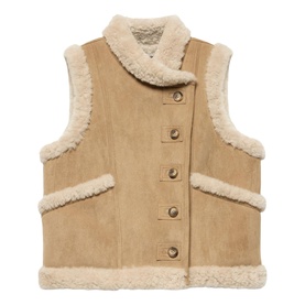 Mint Velvet brown suede sleeveless gilet with cream shearling trim, button front fastening and front pockets