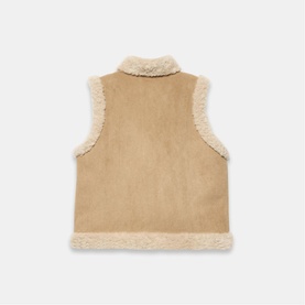 Mint Velvet brown faux shearling gilet, back view, with cream teddy fleece trim and collar, sleeveless style.