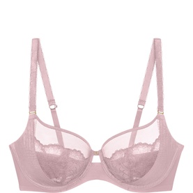 Triumph Underwired Bra in Sophia pink, sheer lace cups with floral detail, underwire support and gold-tone slider straps