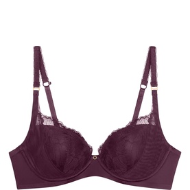 Triumph underwired bra in Claret, featuring lace overlay cups, smooth lower band, and gold-tone adjustable straps