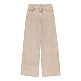 Maje wide-leg jeans in clear beige denim with allover stud embellishment, high rise, full length