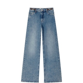 Maje wide-leg jeans in mid blue denim wash with high rise waist and contrast waistband detail