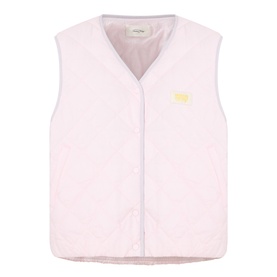 American Vintage pink quilted gilet with V-neckline, snap button fastening, and small yellow logo patch on chest
