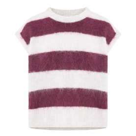 American Vintage knitwear in rayures cranberry, fluffy alpaca-blend sleeveless top with bold horizontal stripes in white and berry