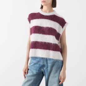 Model wearing American Vintage knitwear in Rayures Cranberry, fluffy alpaca stripe sleeveless jumper, styled with light blue jeans