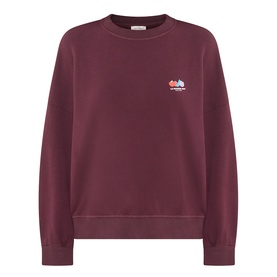 Model wearing American Vintage Atubay Logo Sweatshirt in Lie de Vin, crew neck with small chest logo, ribbed trims and straight hem.