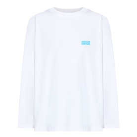 American Vintage Gixy Logo Long-Sleeved Top in white, crew neck, dropped shoulders, blue contrast logo on chest, straight hem