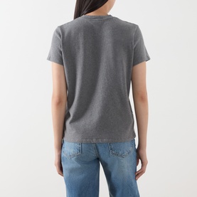 Model wearing American Vintage T-Shirt in Granite Chin&eacute;, rear view, short sleeves, crew neck, styled with light blue jeans