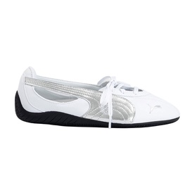Puma white and silver lace-up ballet flat with cutout detail, smooth leather upper and black rubber sole