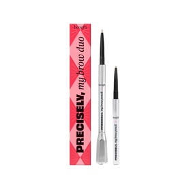 Benefit Precisely My Brow Duo brow set with ultra-fine pencil and spoolie brush, shown with pink branded box