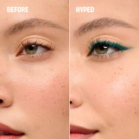Before and after showing Benefit Eye Liner in Rowdy Teal, with bold teal winged liner and lower lash line colour on the after image.
